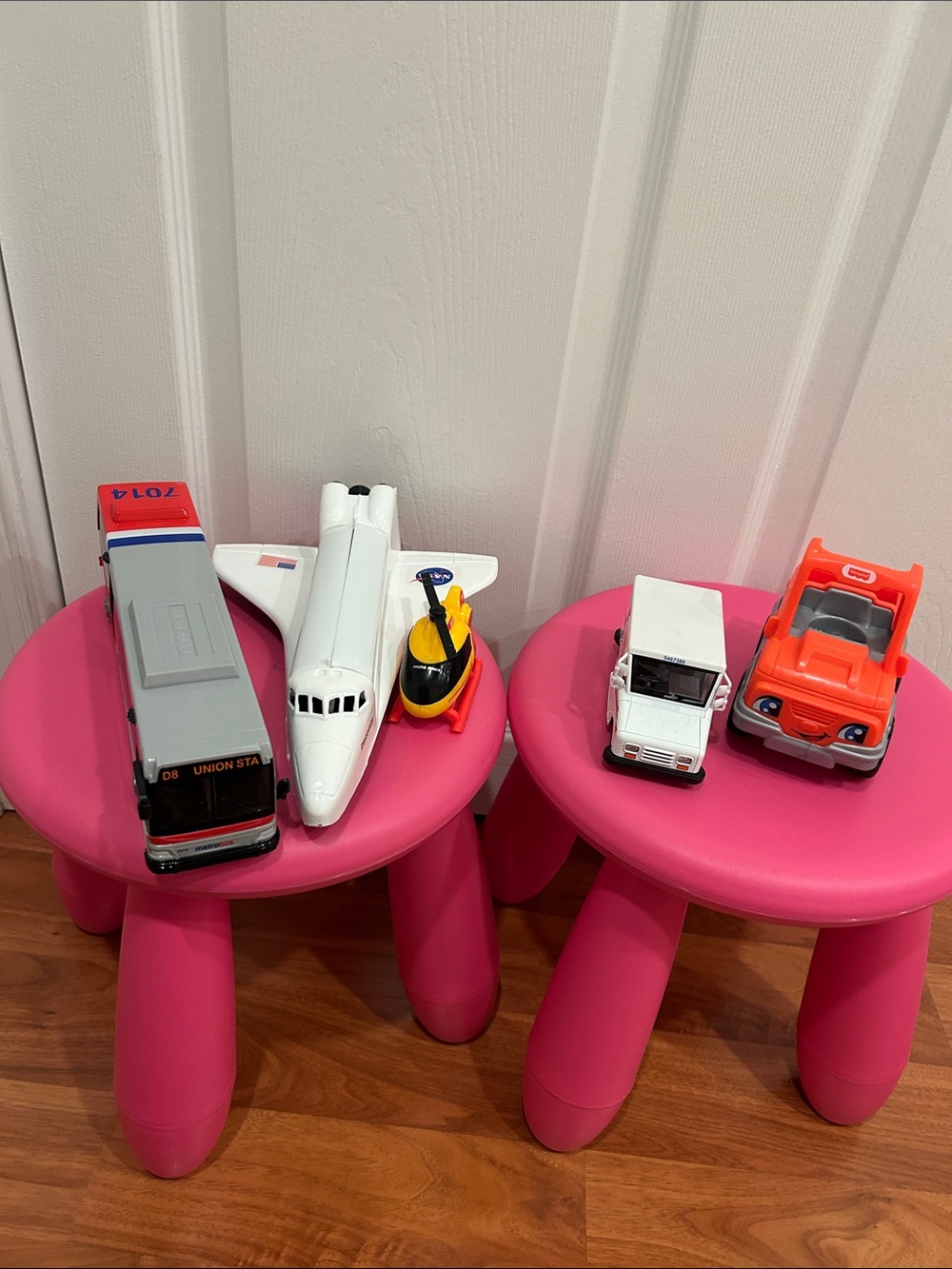 Kids Toy Vehicle Set — NASA spaceship, DC city bus, USPS mail truck, Jeep, etc